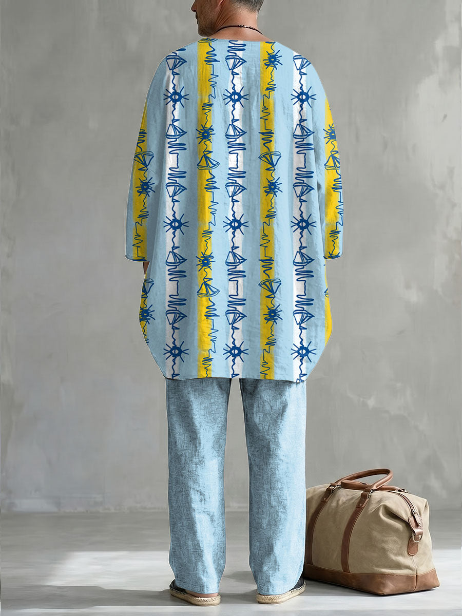 Summer Vacation Palm Tree And Vertical Stripe Decorative Pattern Long Sleeve Cotton Linen Top And Pants Two Piece Set