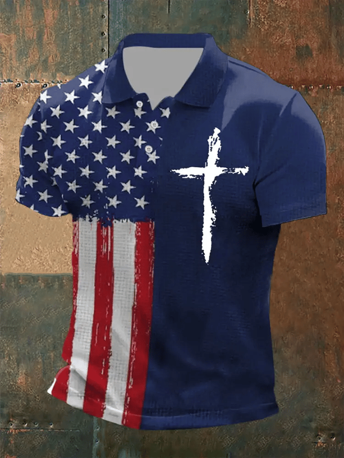 Men's Faith Cross America Flag Printed Short Sleeve POLO T-shirt