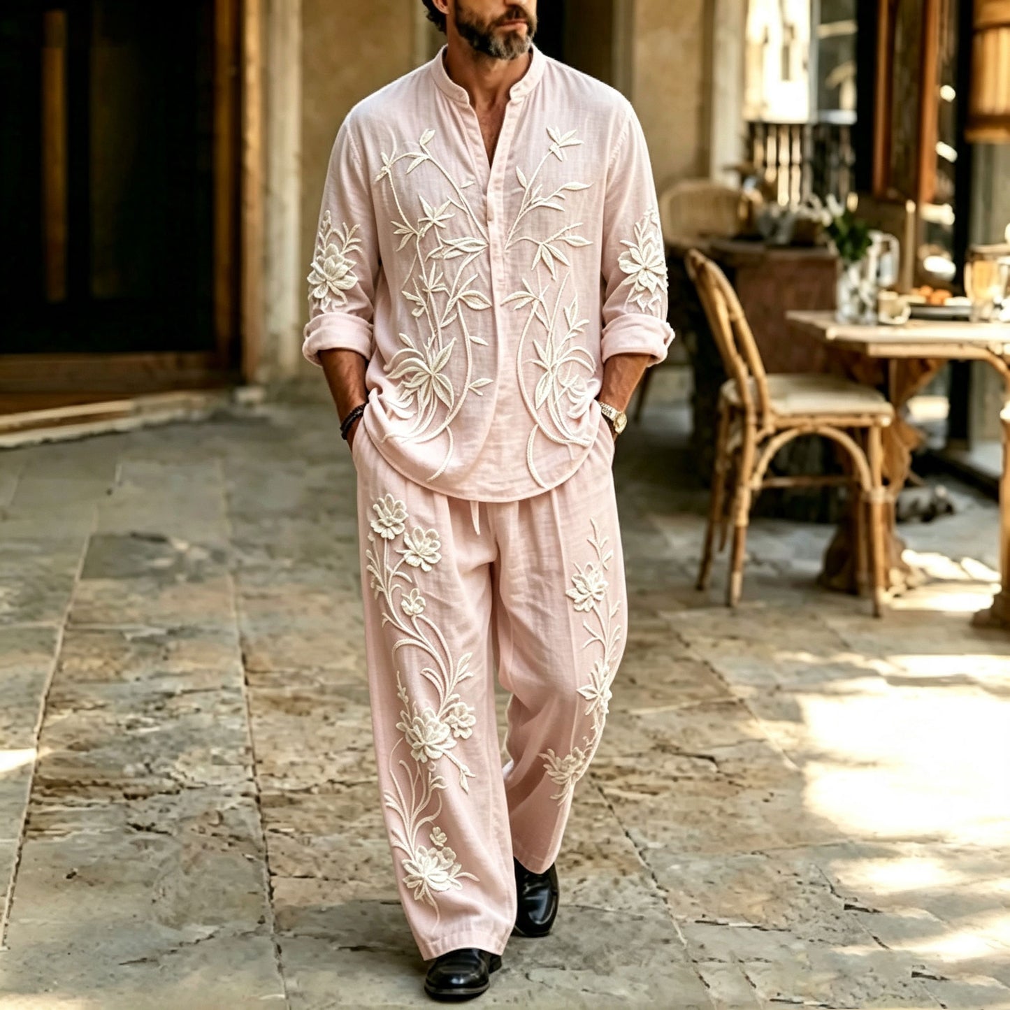 Men's Vine-Print Stand-Collar Polo Shirt and Pants Set