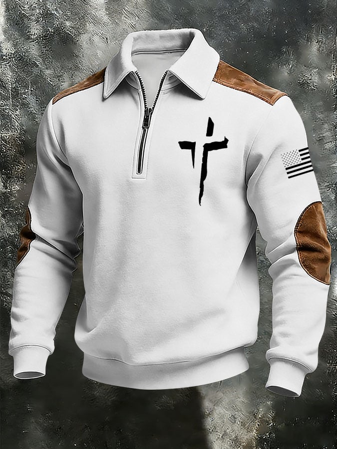 Men's vintage Faith Cross Print Casual Zipper Sweatshirt-Fast Shipping