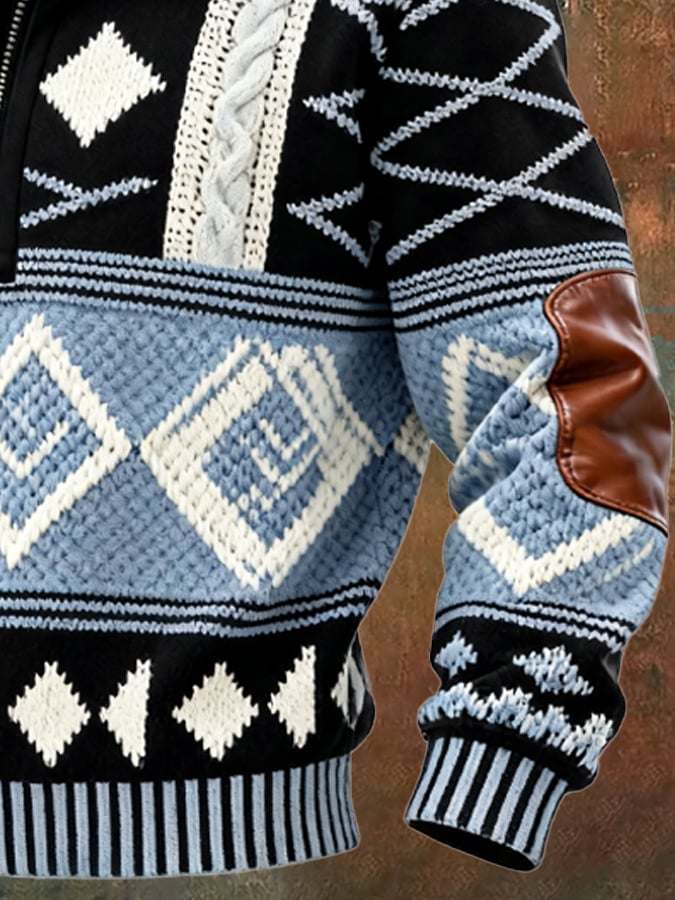 Men's Retro Color Block Print Casual Fur Collar Sweatshirt
