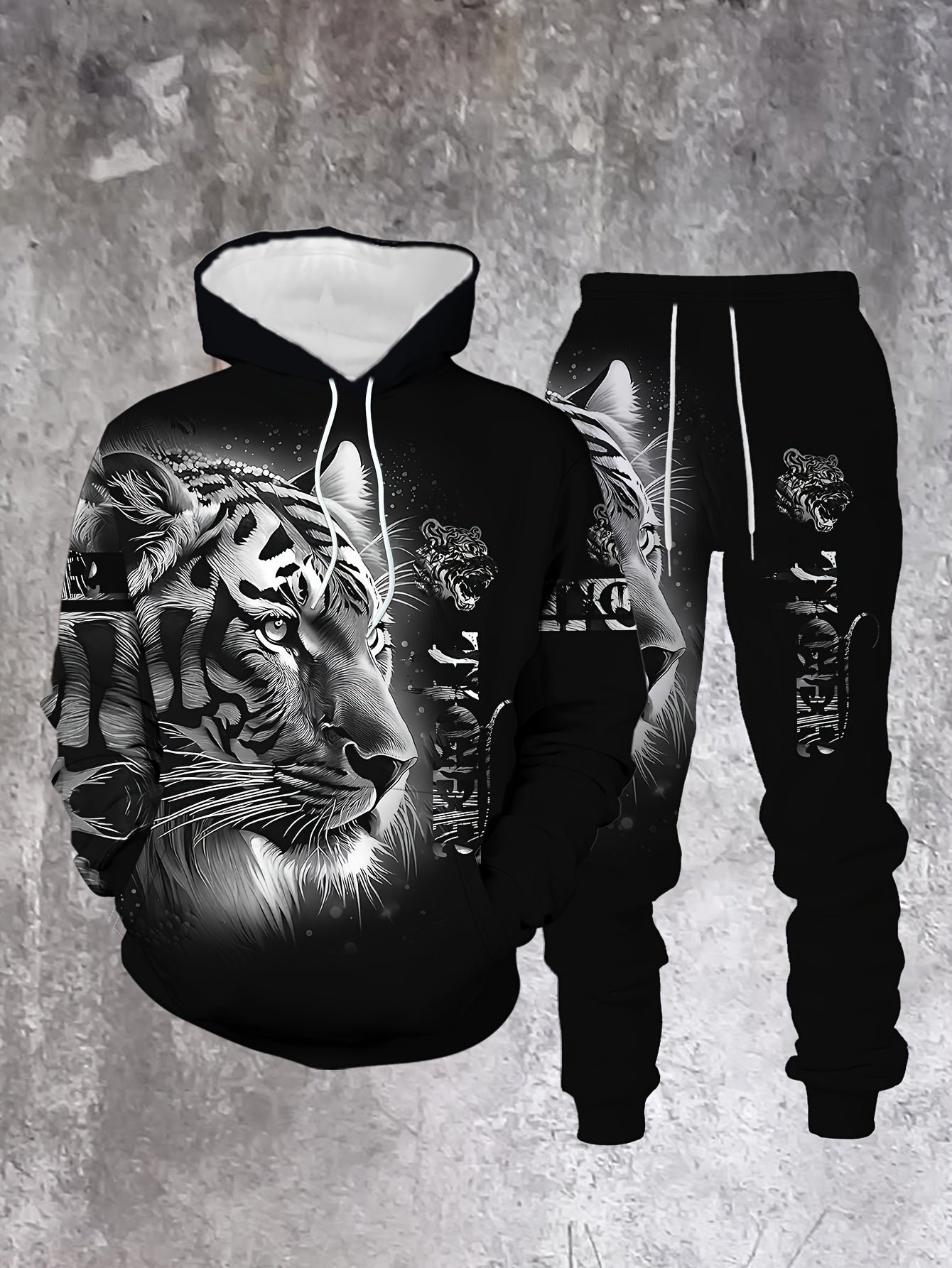 Men's Casual “Tiger" Printed Hoodies Long Sleeved Sweatshirts & Sweatpants Two-Piece Set