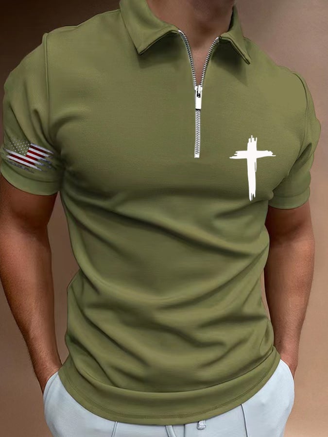 Men's Flag Cross Print Casual Polo Shirt