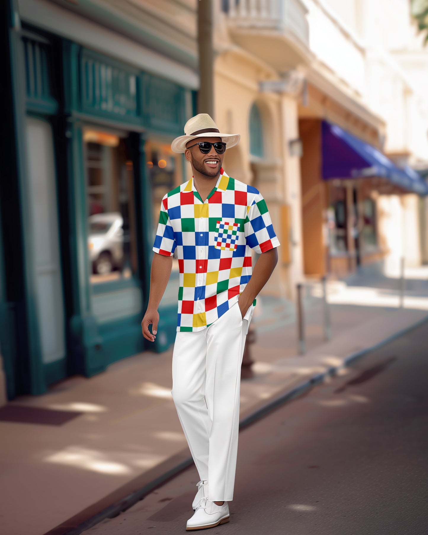 Men's Retro Colorblock Short Sleeve Shirt Walking Suit 1153