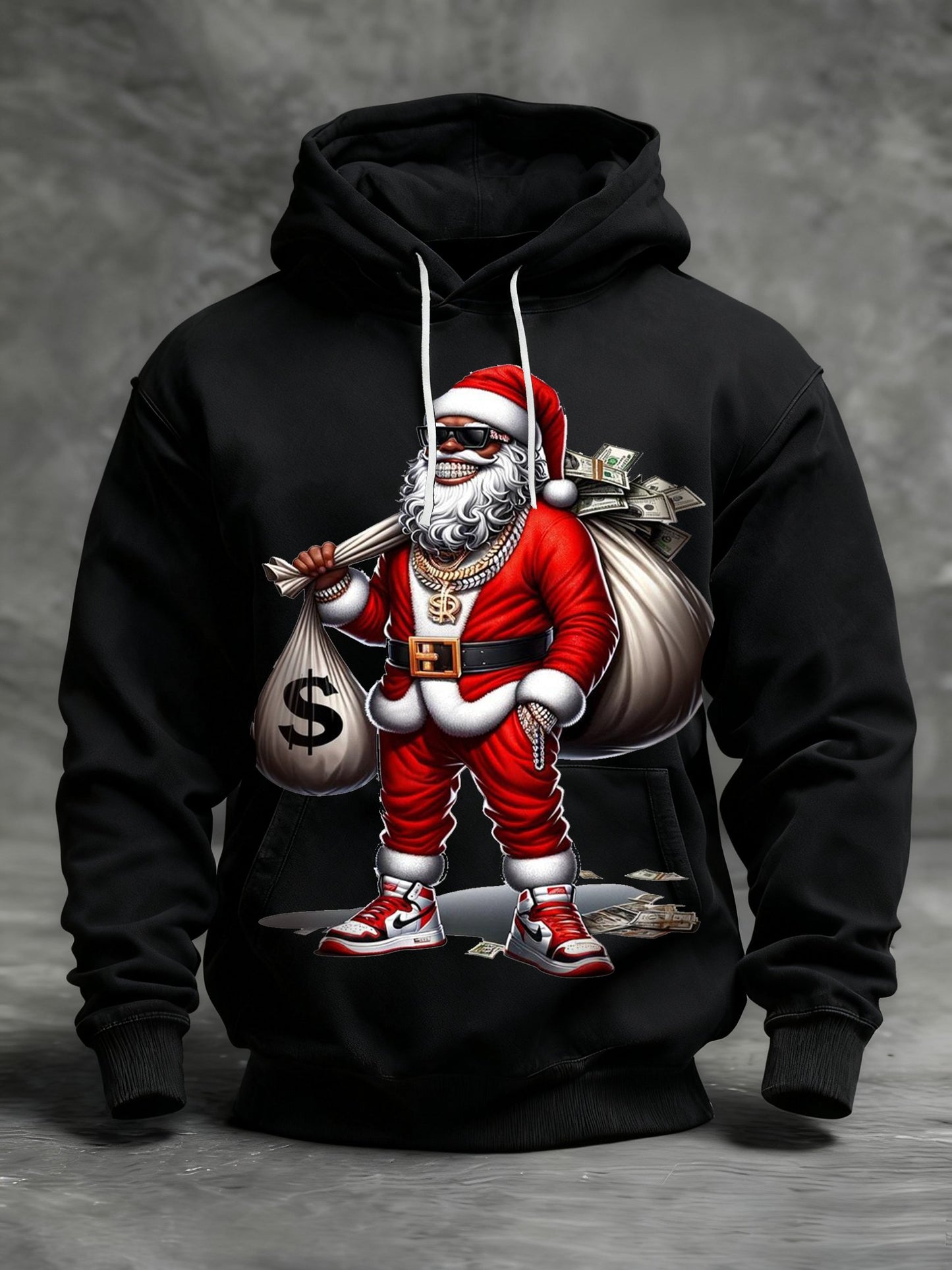 Men's African American Christmas Print Crew Neck Hooded Sweatshirt