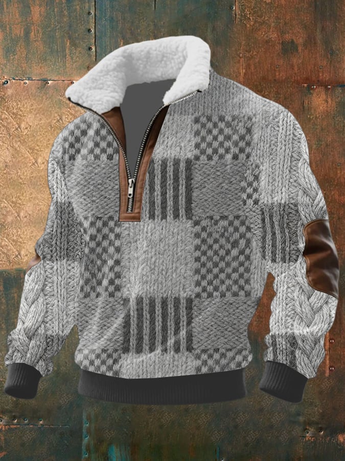 Men's Retro Print Half Zip Lapel Sweatshirt