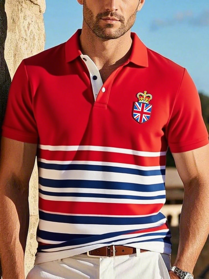 Men's Business Casual Union Jack Button Short Sleeve Polo Shirt