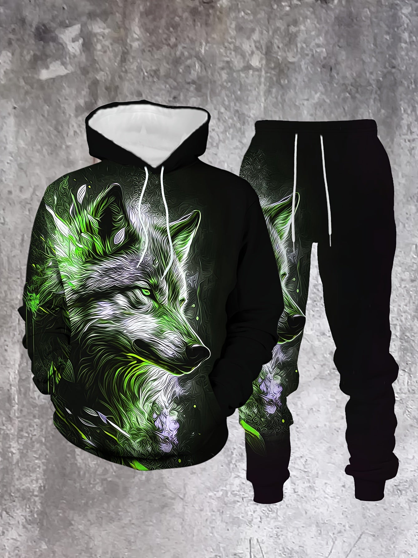 Men's Casual "The Wolf" Printed Hoodies Long Sleeved Sweatshirts & Sweatpants Two-Piece Set