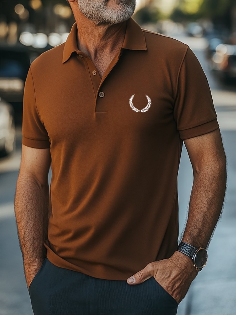Men's Business Casual Olive Leaf Print Button-Down Short Sleeve Polo Shirt