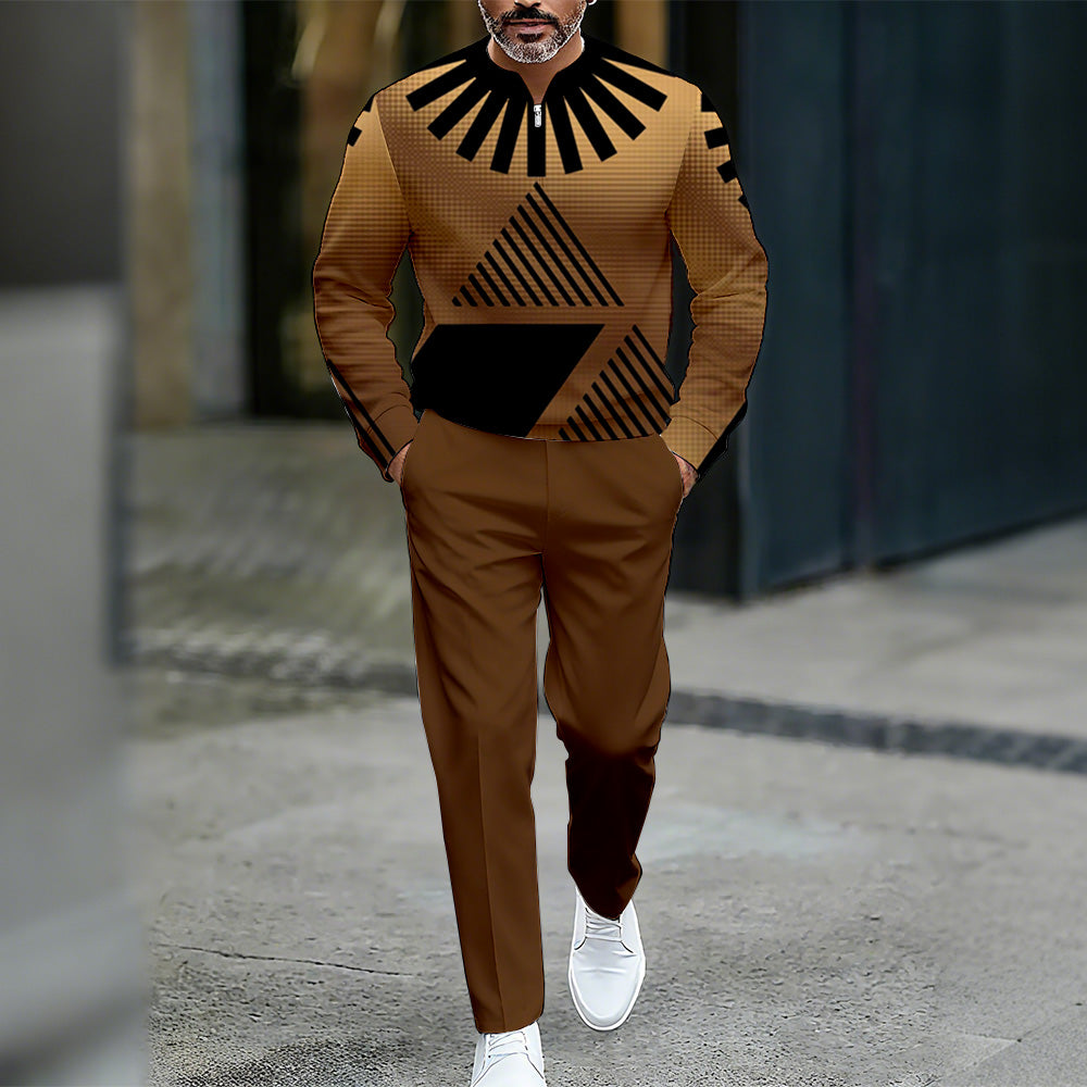 Men's Casual Color Matching Printed Round-Neck Zipper Long Sleeved Trousers Two-Piece Set