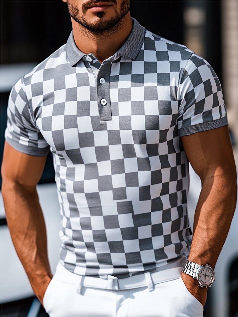 Men's Casual Business Geometric Button Short Sleeve Polo Shirt