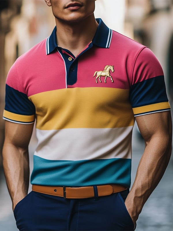 Men's Business Stripe Logo Button-Down Short Sleeve Polo Shirt