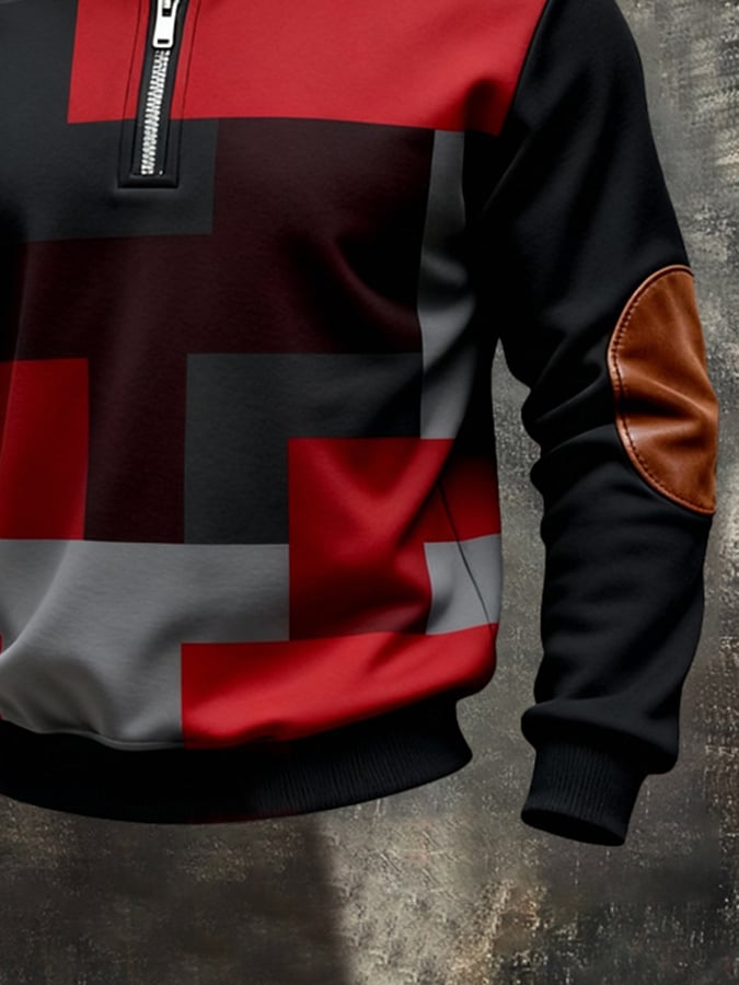 Men'S Vintage Color-Block Printed Zip-Up Sweatshirt