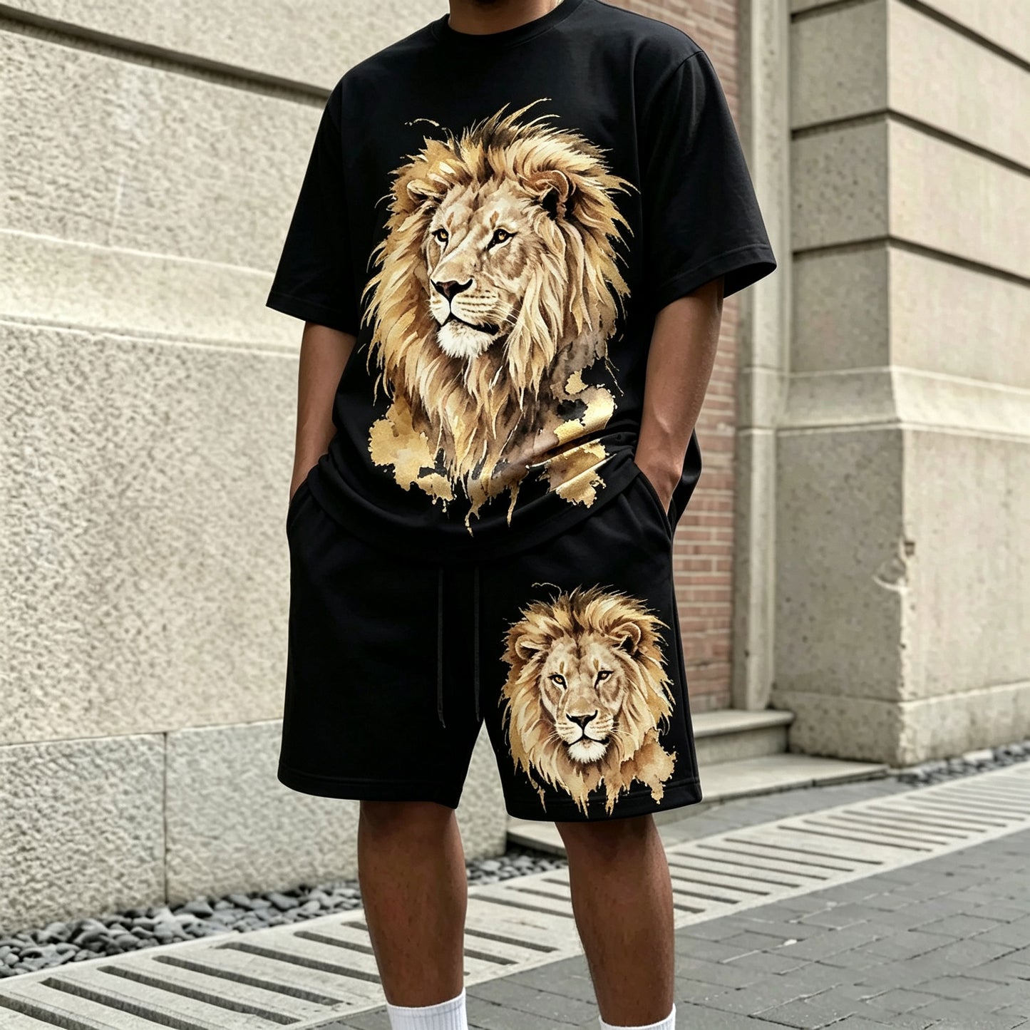 Men's Casual Lion-Print Round-Neck Short-Sleeve T-Shirt and Shorts Two-Piece Set