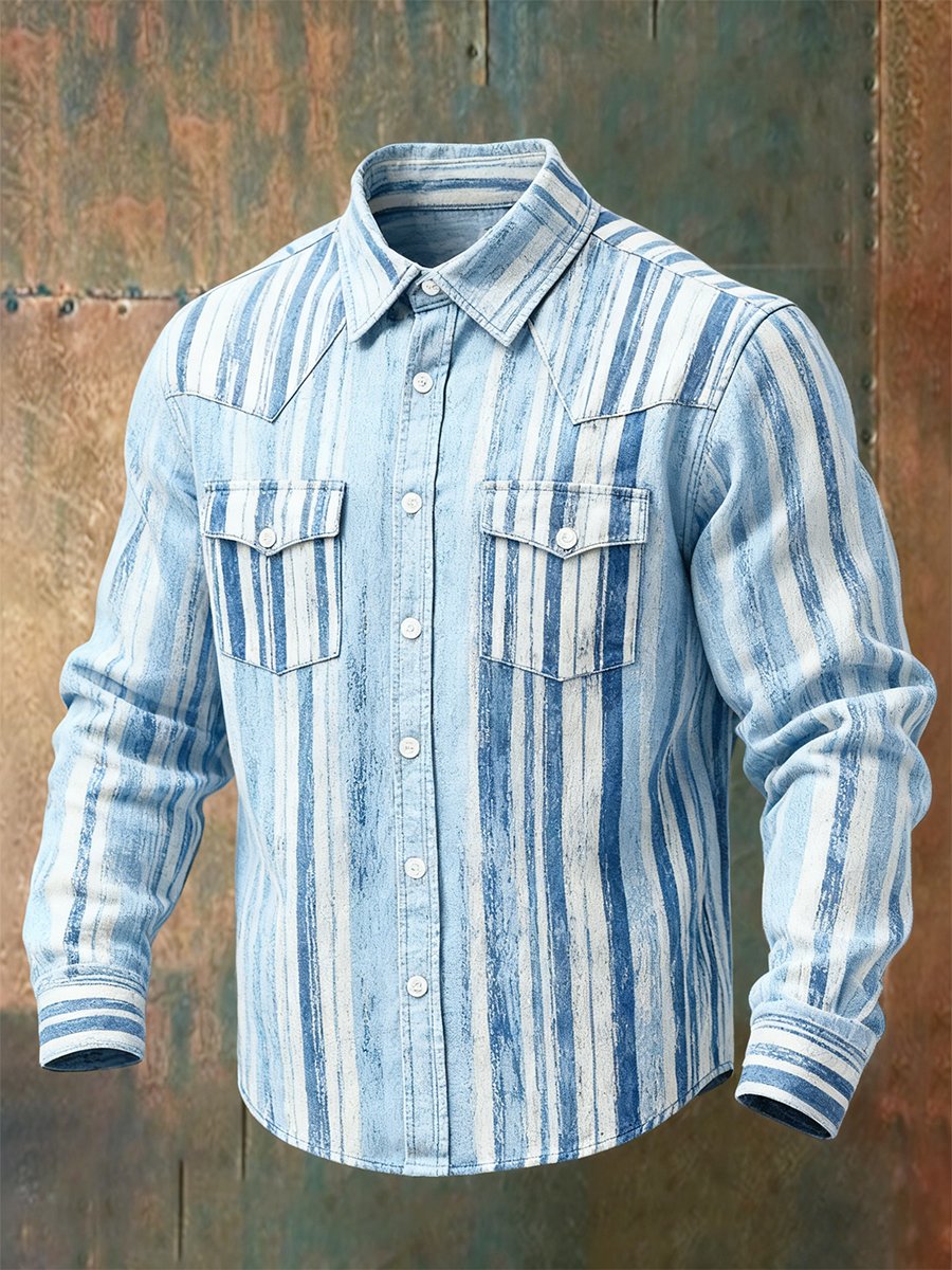 Men's Vintage Striped Western Long-Sleeved Shirt