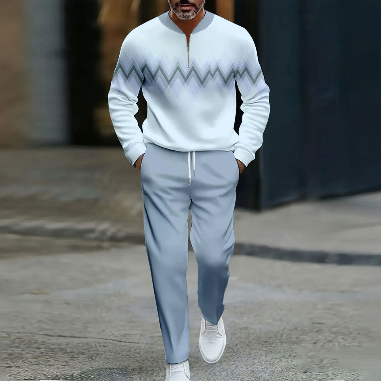 Men's Casual Color Matching Printed Round-Neck Zipper Long Sleeved Trousers Two-Piece Set
