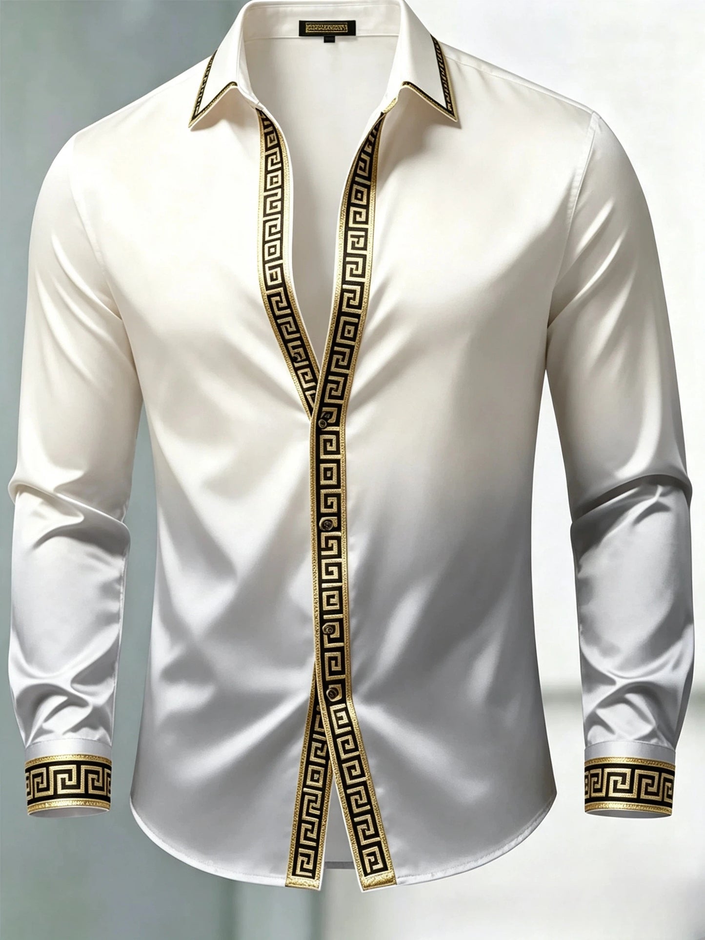 Men's Luxury Glossy Satin Long Sleeve Gradient White Silver Dress Shirt