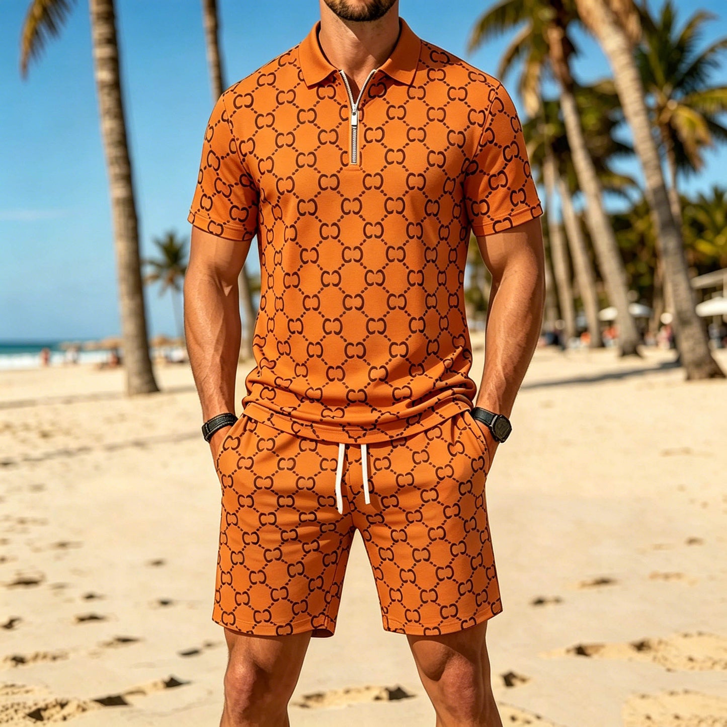 Men's Casual Orange Color Matching Printed Short Sleeved Zipper Polo Shirt & Shorts Two-Piece Set