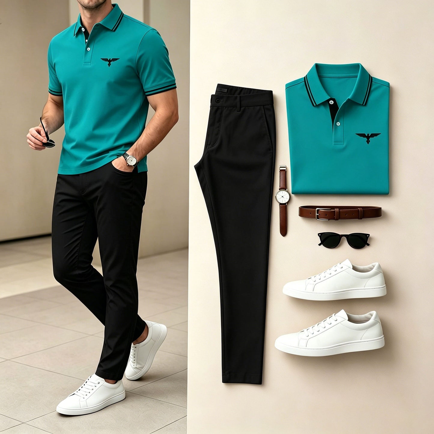 Men's Green & Black Color Matching Geometric Printed Short Sleeves Polo Shirt & Pants Two-Piece Set