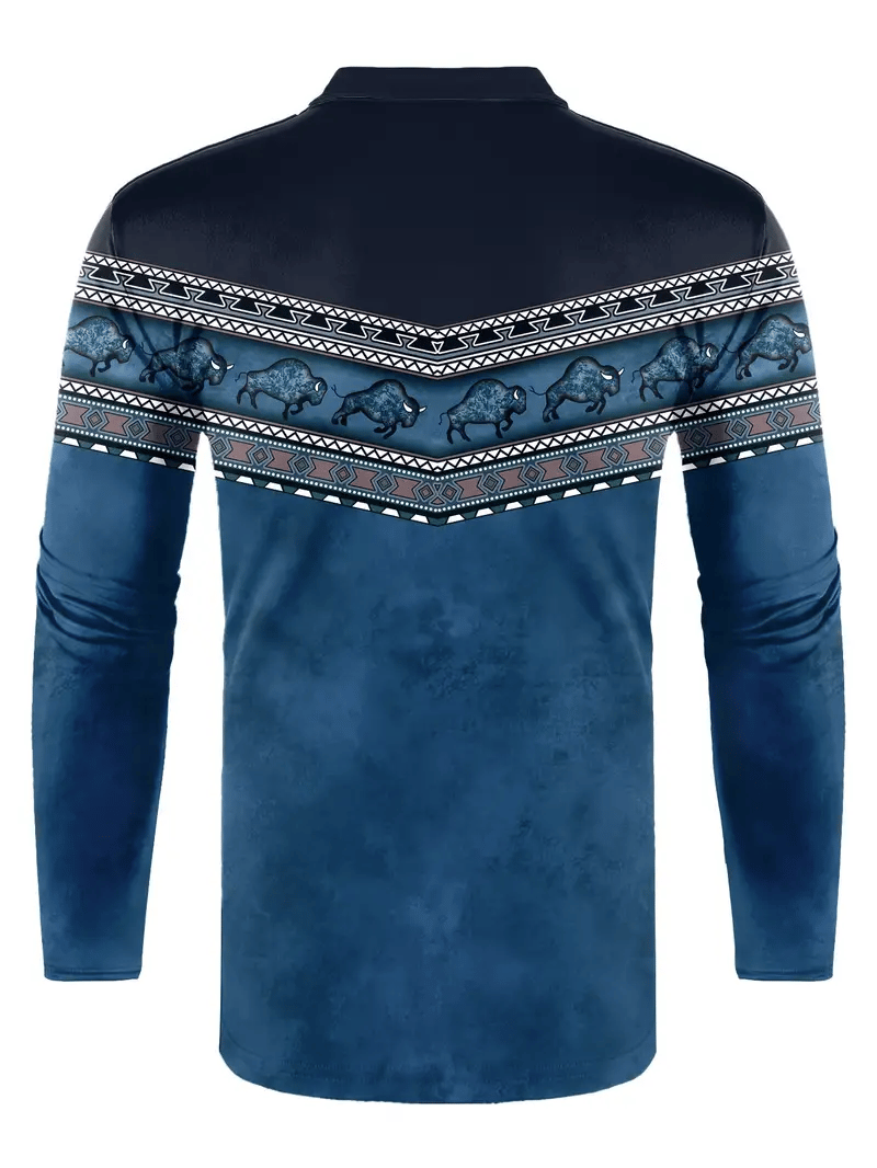 Men's Retro Business Stripe Print Long Sleeve POLO Shirt