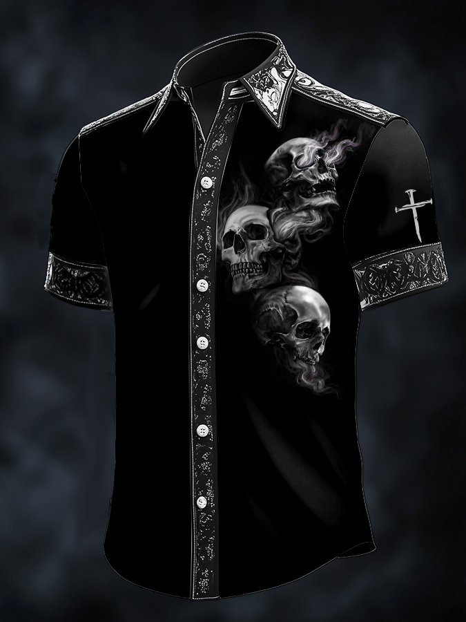 Men's Dark Skull Print Satin Short Sleeve Shirt