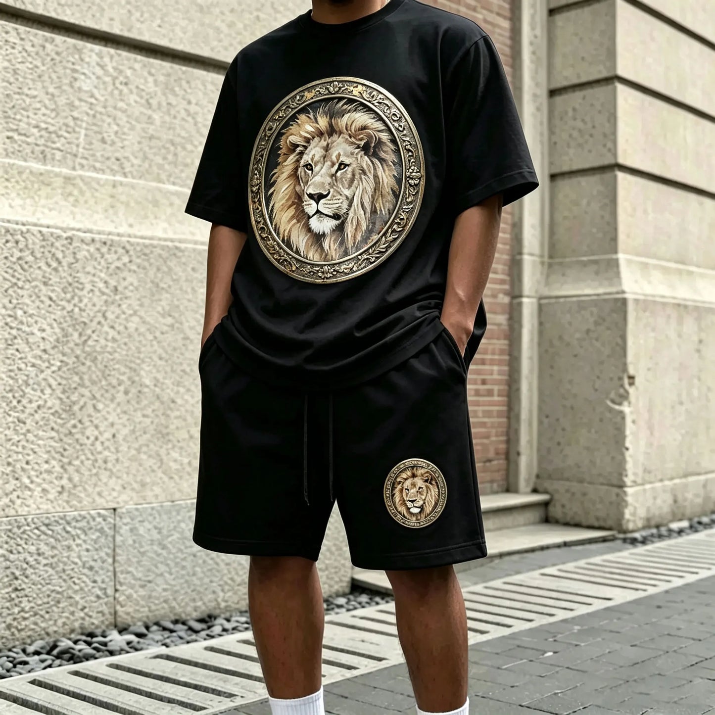 Men's Black Crew-Neck Short-Sleeve T-Shirt and Shorts Set