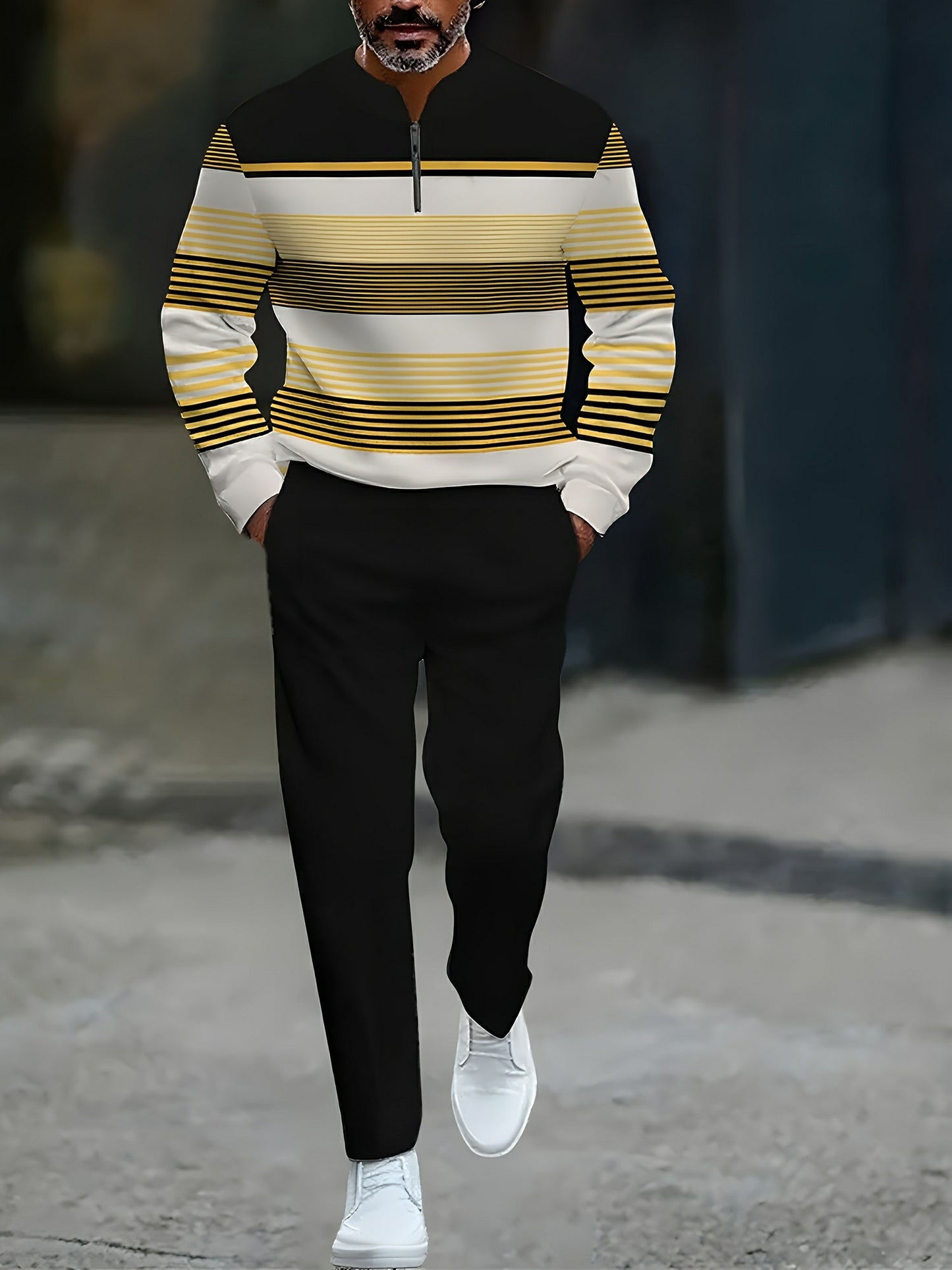 Men's Casual Black & Yellow Color Matching Striped Printed Round-Neck Zipper Long Sleeved Trousers Two-Piece Set