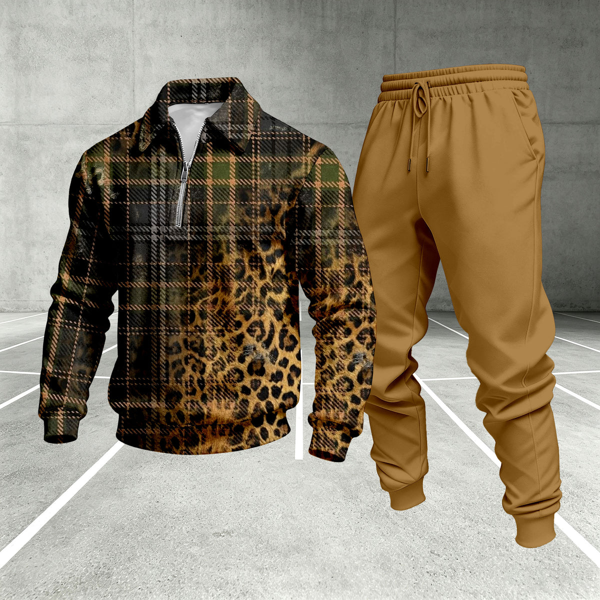 Men's Printed Zipper Polo Shirt and Pants Set