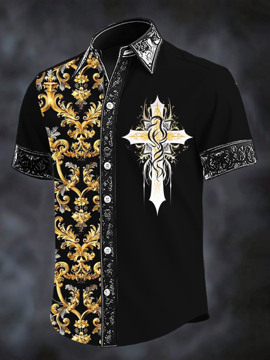 Men's Retro Dark Cross Print Short Sleeve Shirt