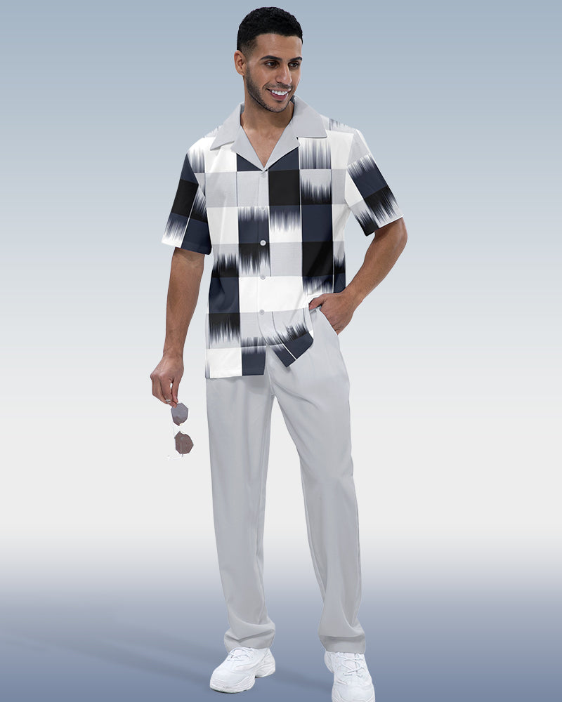Rianmond Men's Check Print Short Sleeve Shirt Walking Set 249