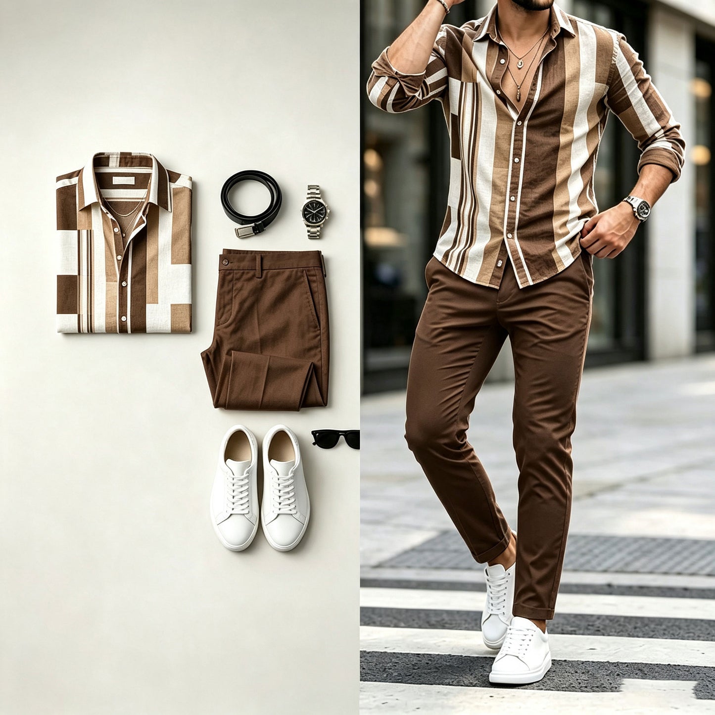 Men's Striped Print Long-Sleeve Shirt and Pants Set