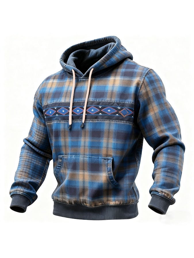 Men's Casual Retro Plaid Print Long Sleeve Hooded Sweatshirt