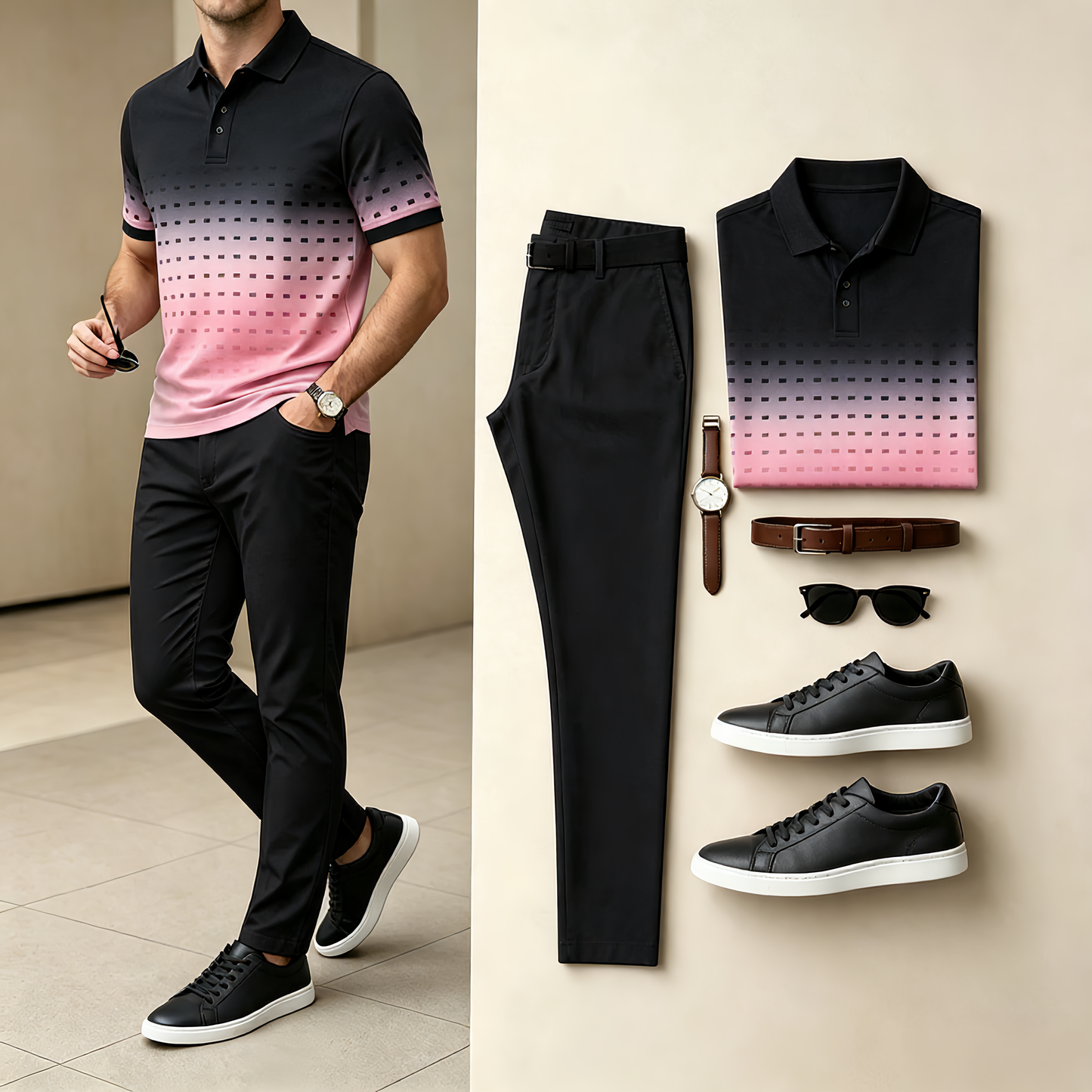 Men's Casual Gradient Square Printed Polo Shirt And Pants Two-Piece Set