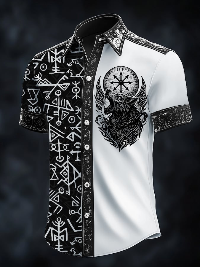 Men's Casual Dark Viking Wolf Print Satin Shirt