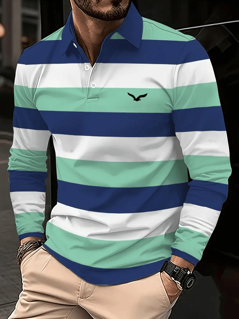 Men's Business Classic Stripe Print Button Polo Shirt