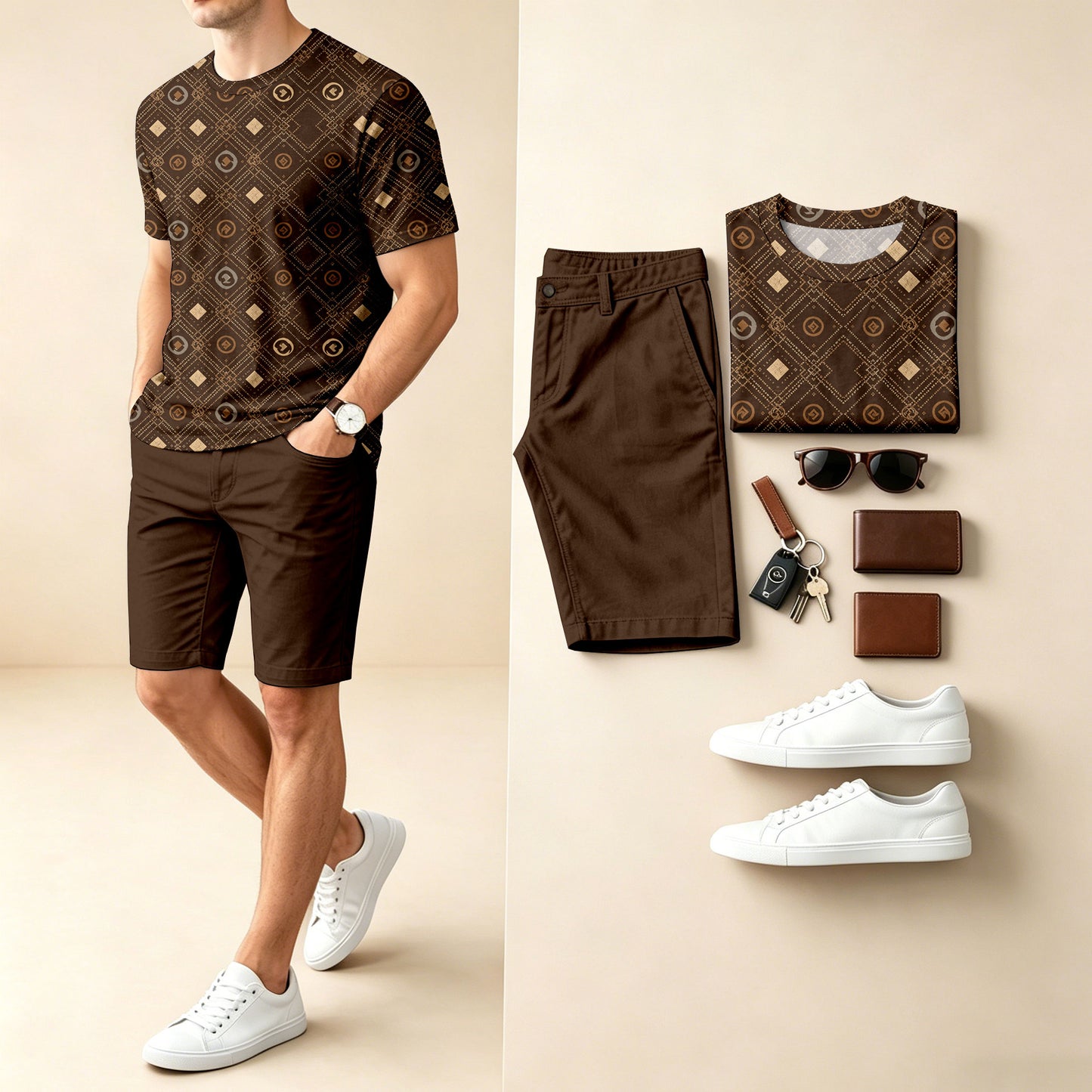 Men's Casual Coin-Print Round-Neck Short-Sleeve T-Shirt And Shorts Two-Piece Set