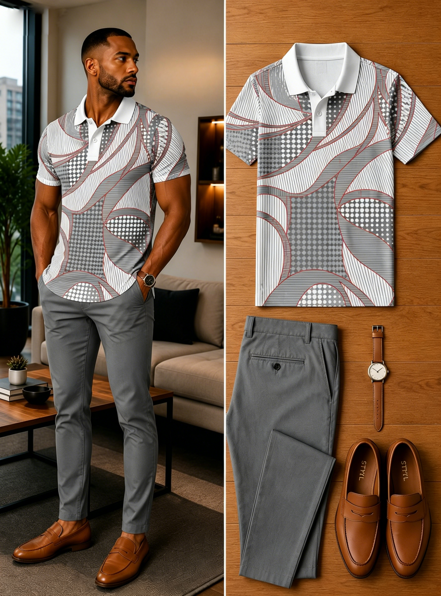 Men's Casual Short Sleeve Polo Shirt And Pants Two-Piece Set
