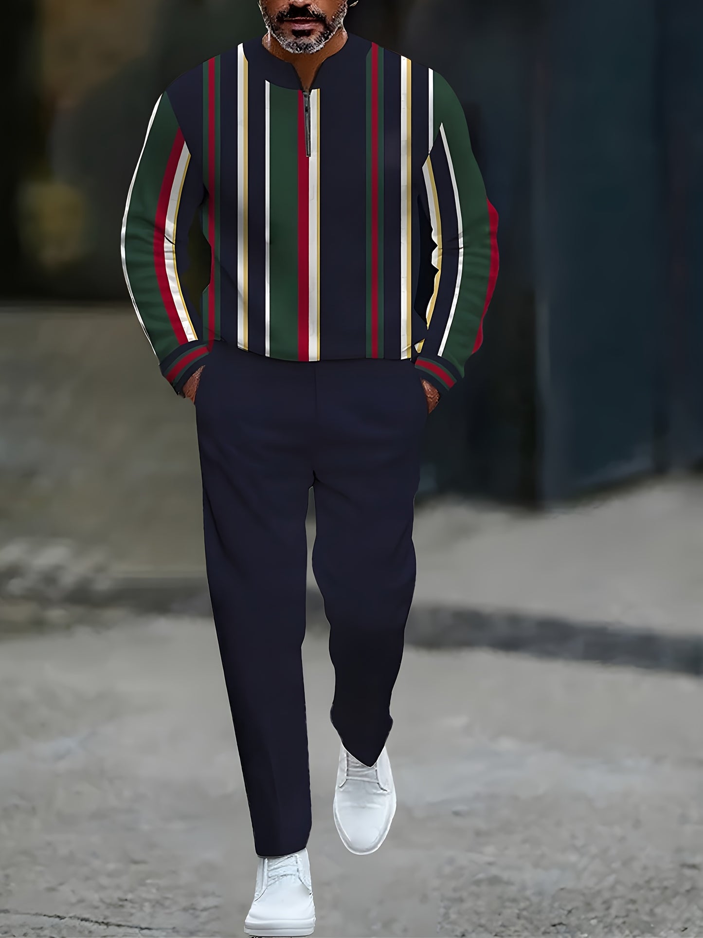 Men's Casual Color Matching Printed Round-Neck Zipper Long Sleeved Trousers Two-Piece Set