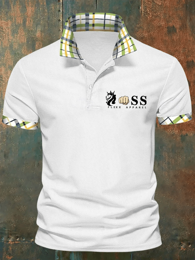 Men's Retro Letter Design Business Contrast Lapel Short-Sleeved Polo Shirt