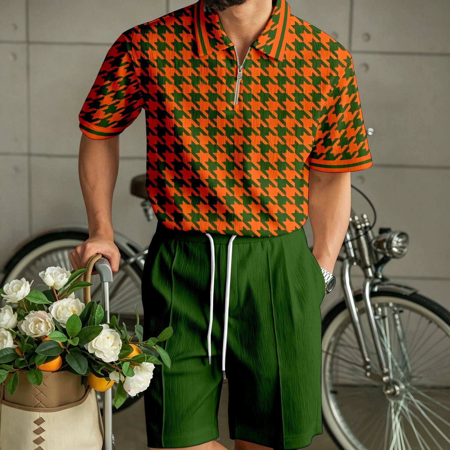 Men's Casual Wavy-Patterned Zipper Polo Shirt and Shorts Two-Piece Set
