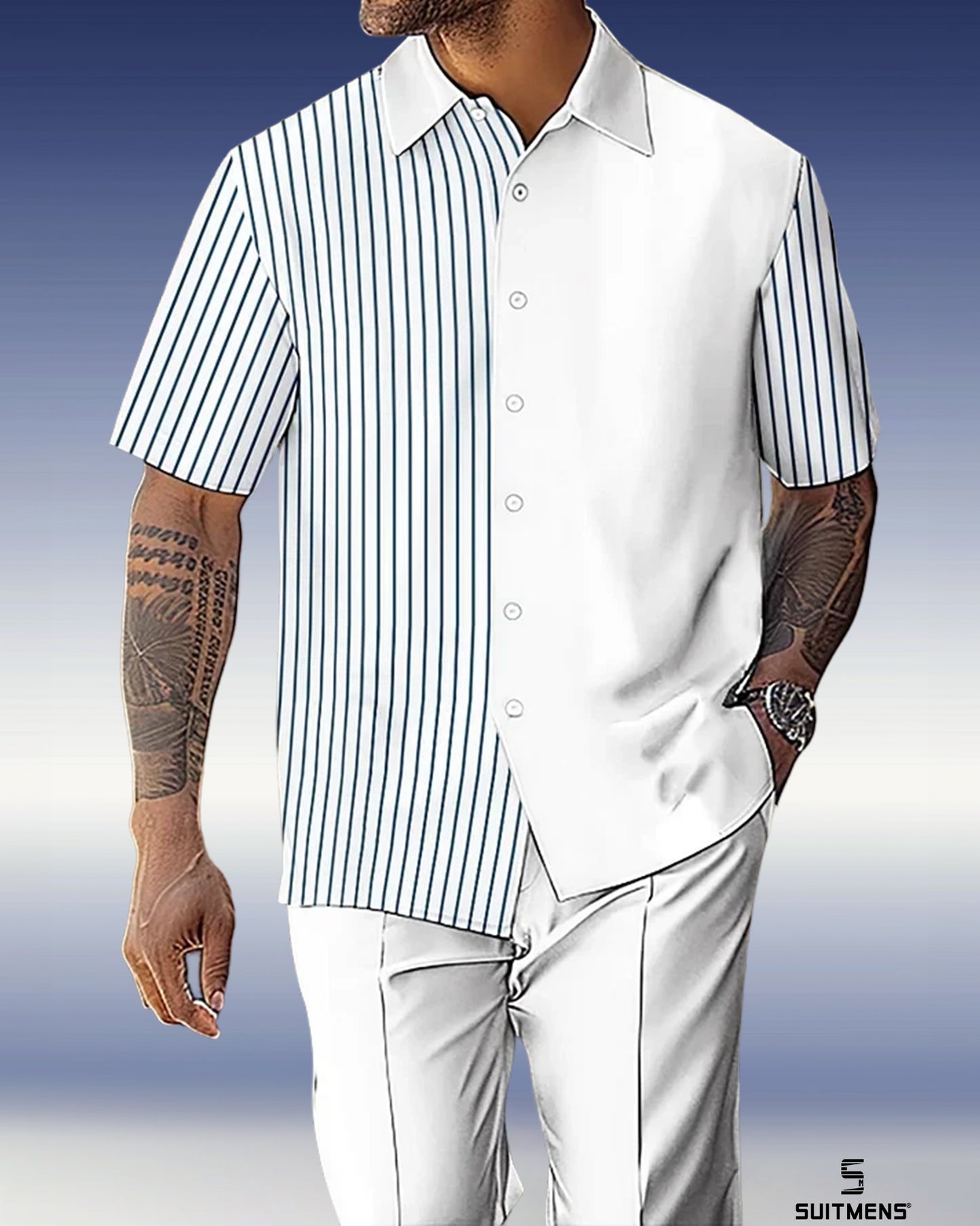 Men's Gorgeous Color Block Short Sleeve Shirt Walking Suit 1073