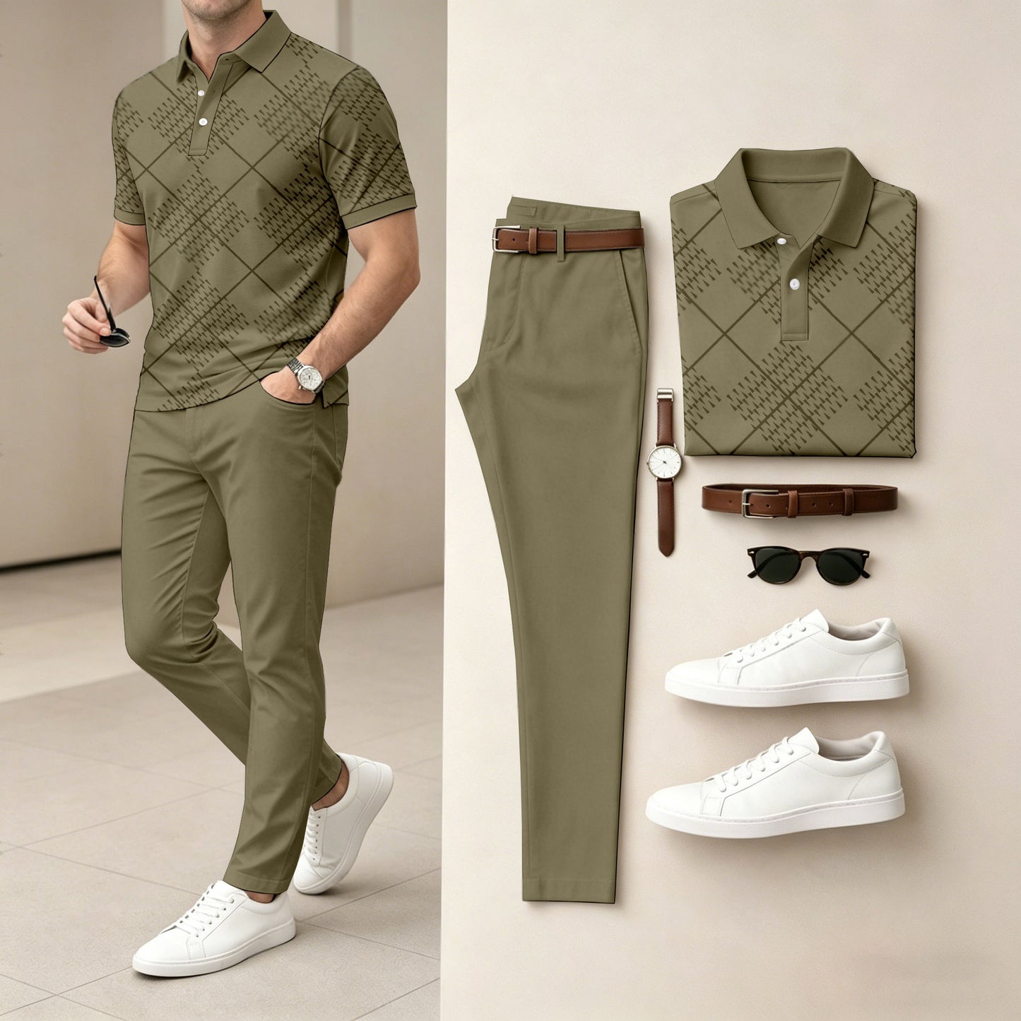 Men's Casual Dark Green Plaid Printed Polo Shirt And Pants Two-Piece Set
