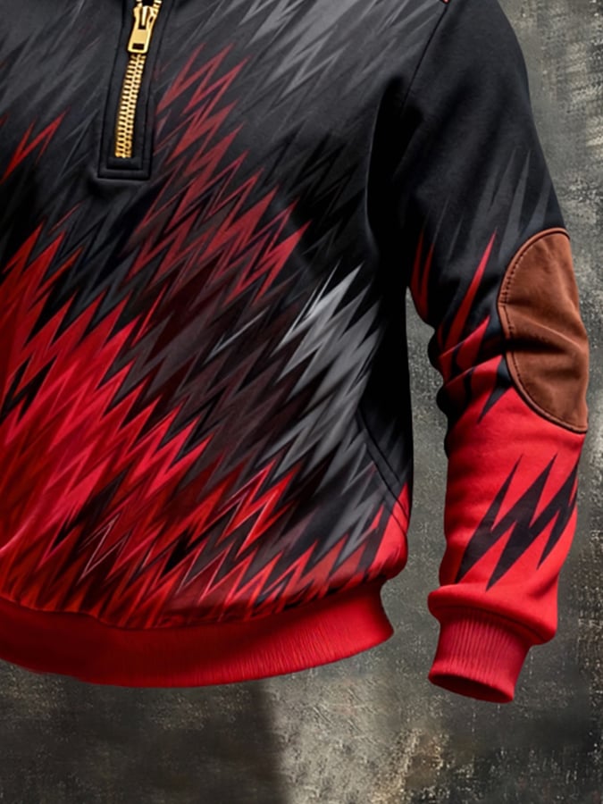 Men's Retro Color Block Print Color-Blocked Zip-Up Sweatshirt