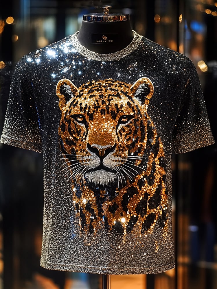 Men's Tiger Sequin Business Print Short Sleeve T-Shirt