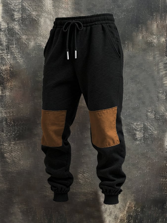 Men's Retro Stitching Contrast Color Hooded Casual Sweatshirt Suit