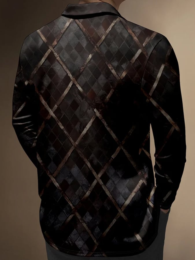 Men's Vintage Geometric Button Print Casual Polo Shirt
