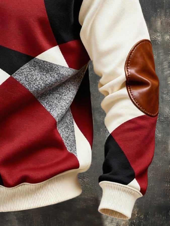 Men's Vintage Color-Block Printed Zip-Up Hoodie