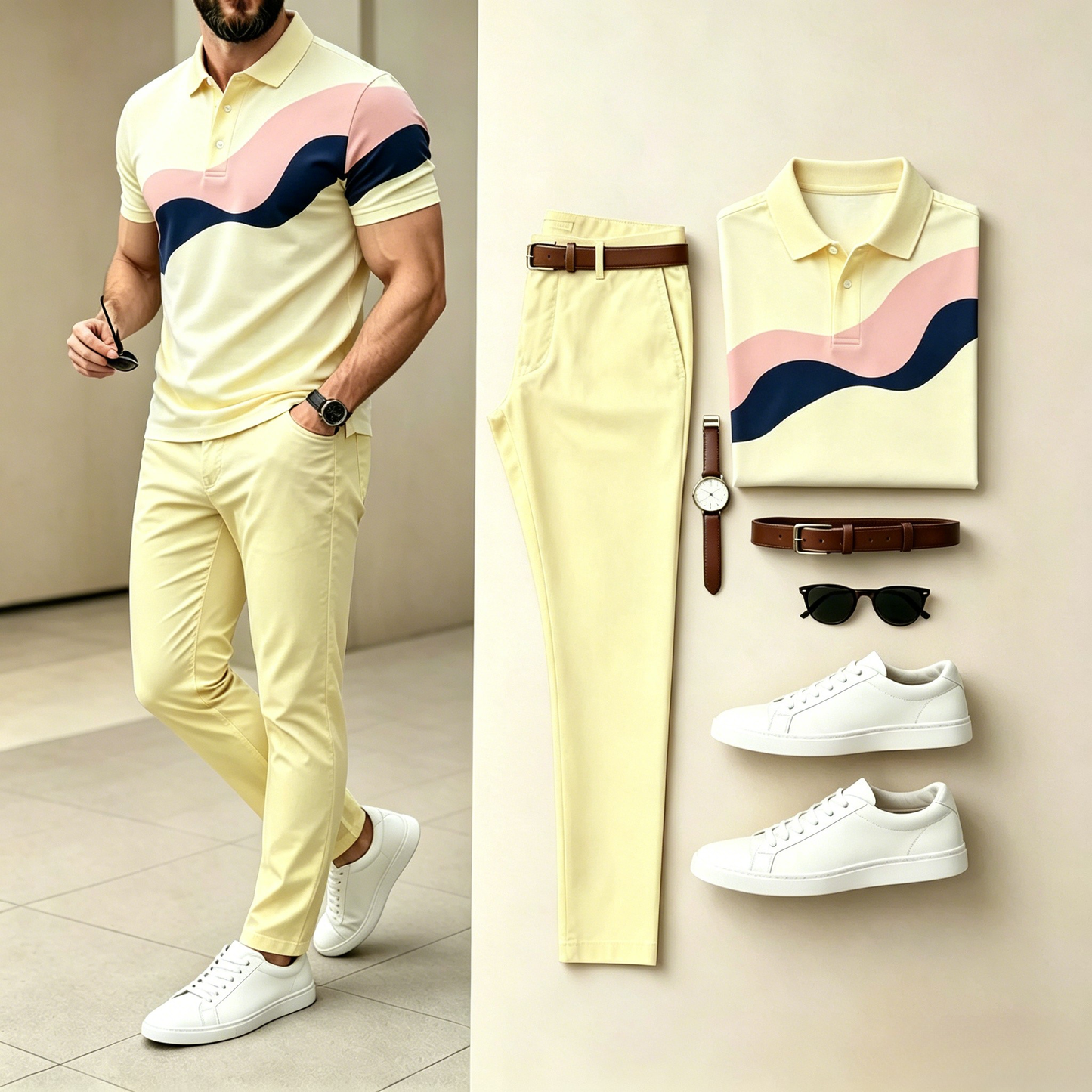 Men's Casual Cream Color Block Wave Polo Shirt & Long Pants Two-Piece Set