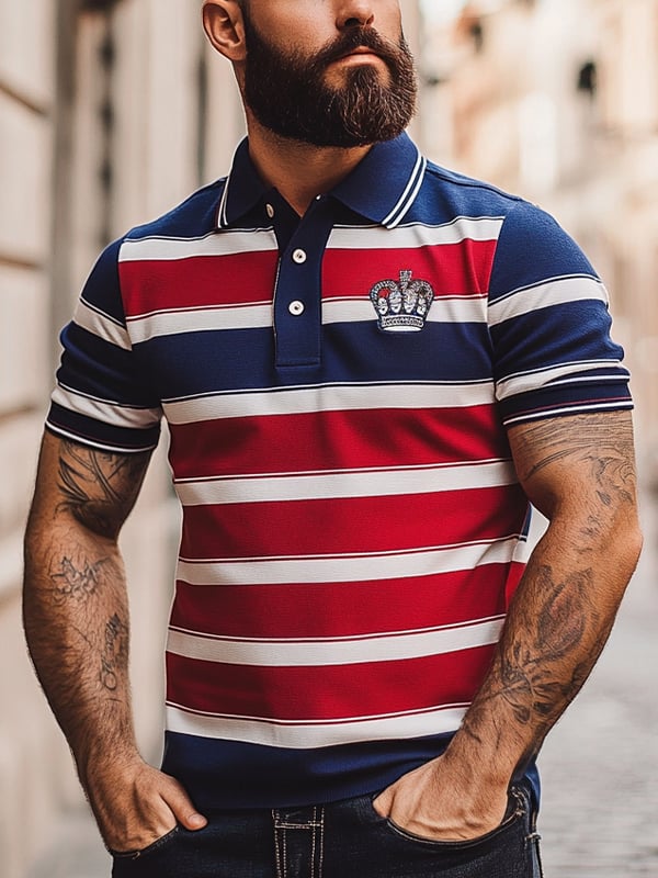 Men's Business Stripe Logo Button-Down Short Sleeve Polo Shirt