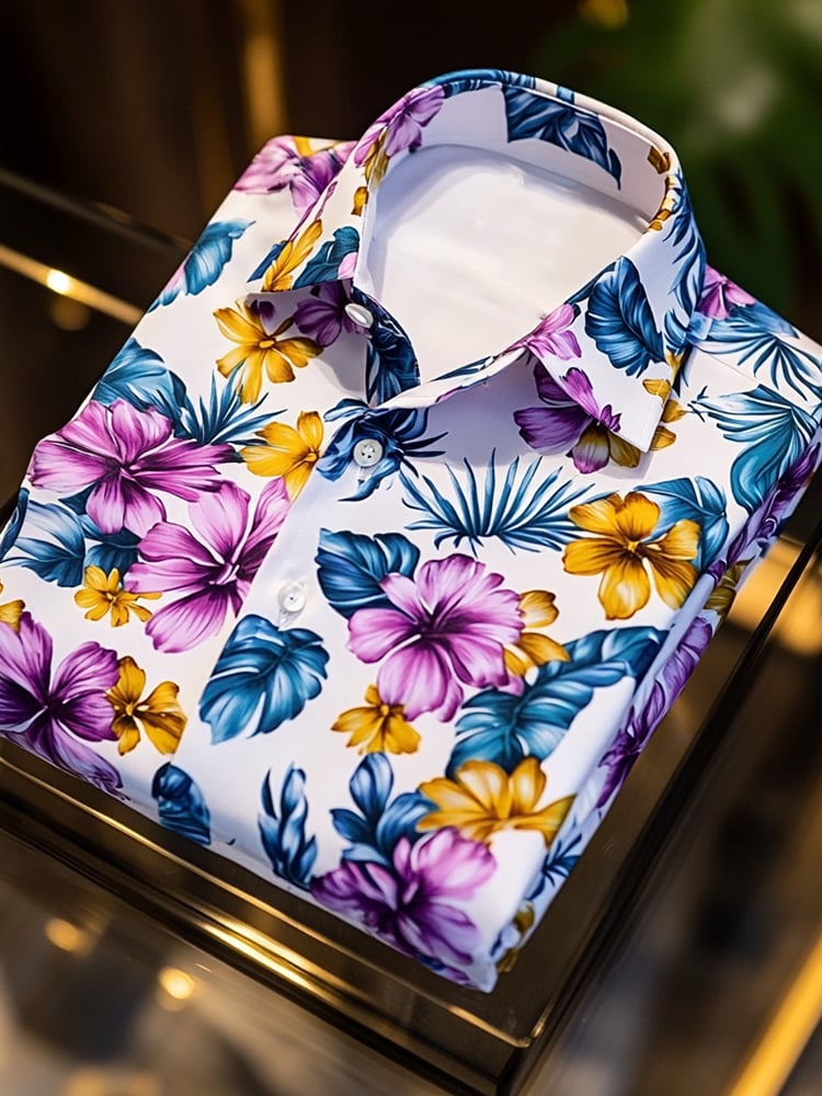 Men's Satin Luxe Hawaiian Purple Flower Print Short Sleeve Button Shirt